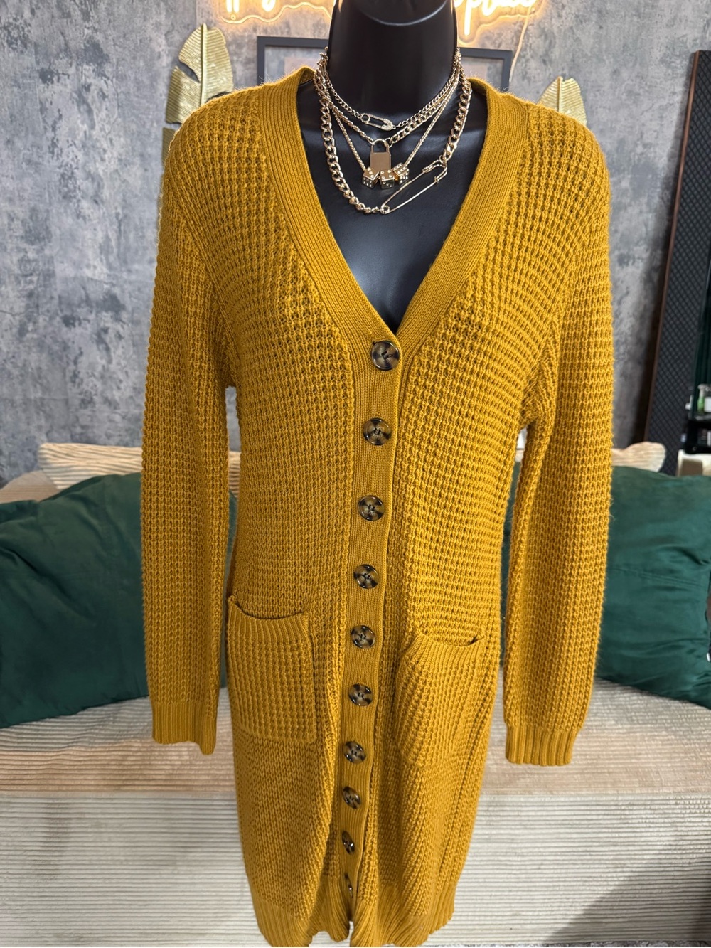 Olive + Oak Mustard Knit Button Front Sweater Dress Cardigan L